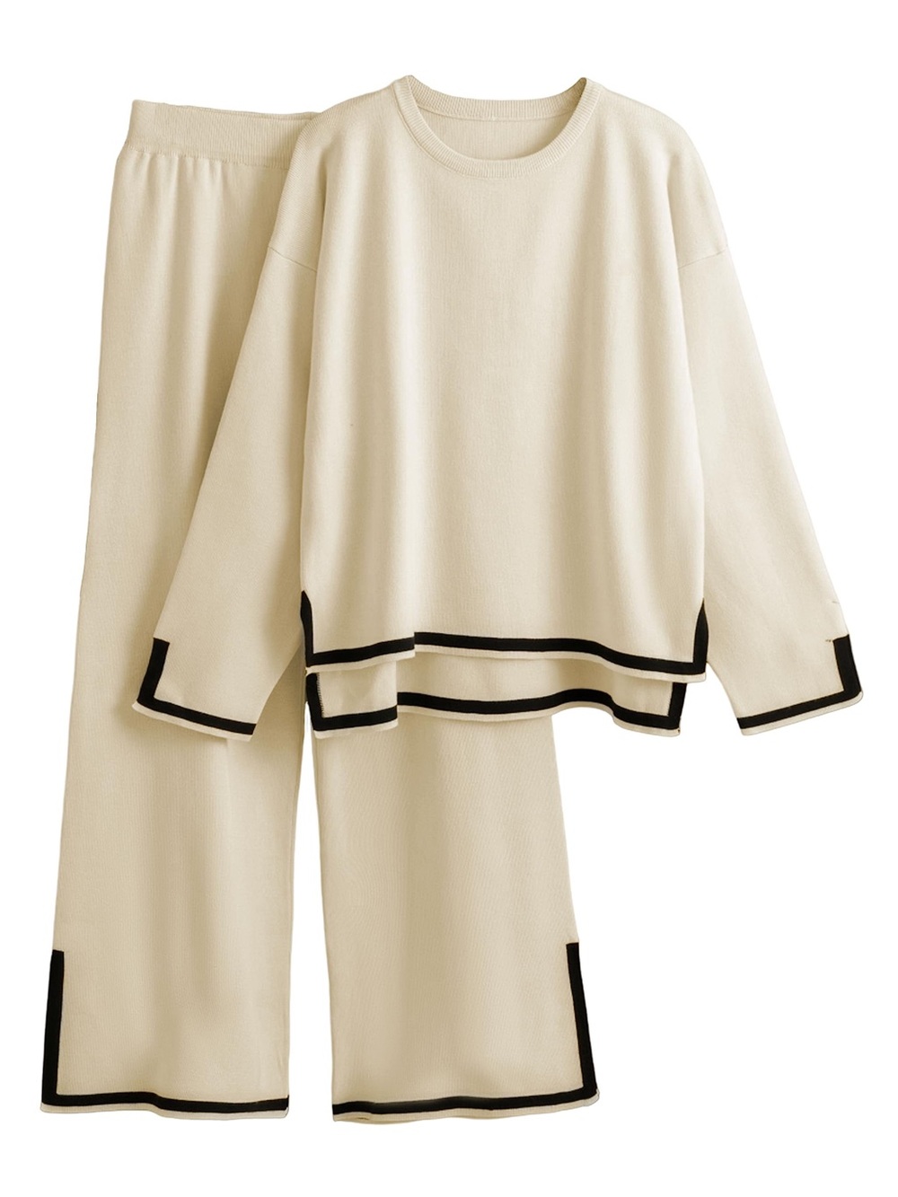 Cream Knit Two-Piece Dress Set with Black Trim